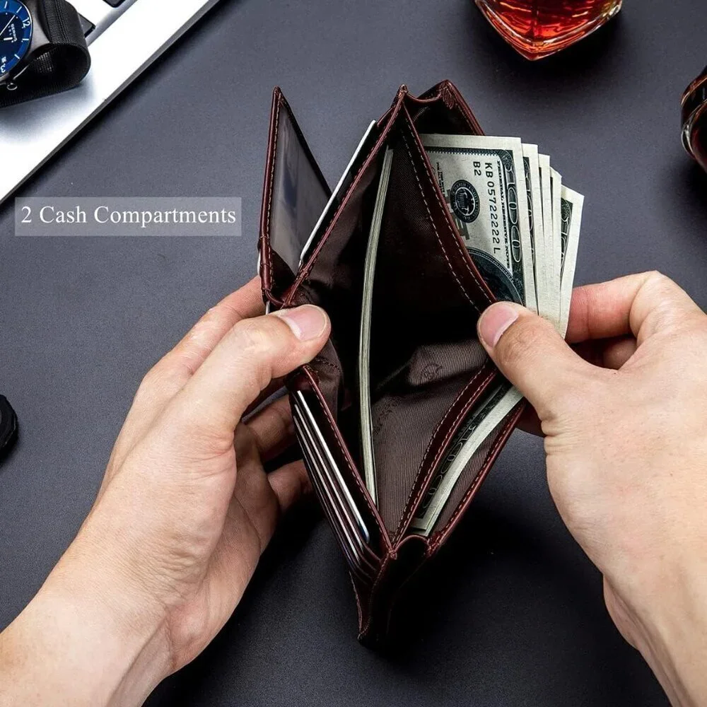 🆕Men Brown Large Capacity Genuine Leather Bifold Wallet/Credit Card Holder Slot